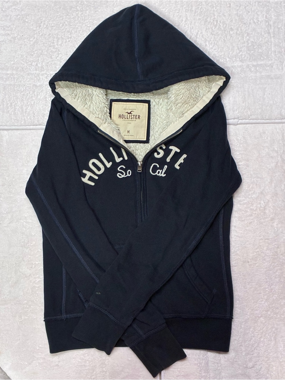 Hollister Navy Half-Zip Hoodie with Cream Sherpa Lining